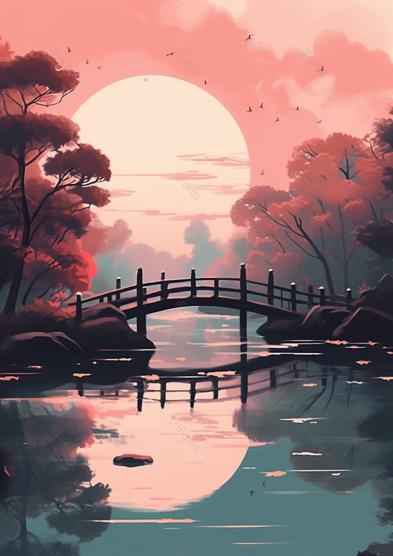夏天安静的桥边日出插画背景自然景色手绘,插画/手绘图,插画/手绘图库,插画/手绘图下载,插画/手绘